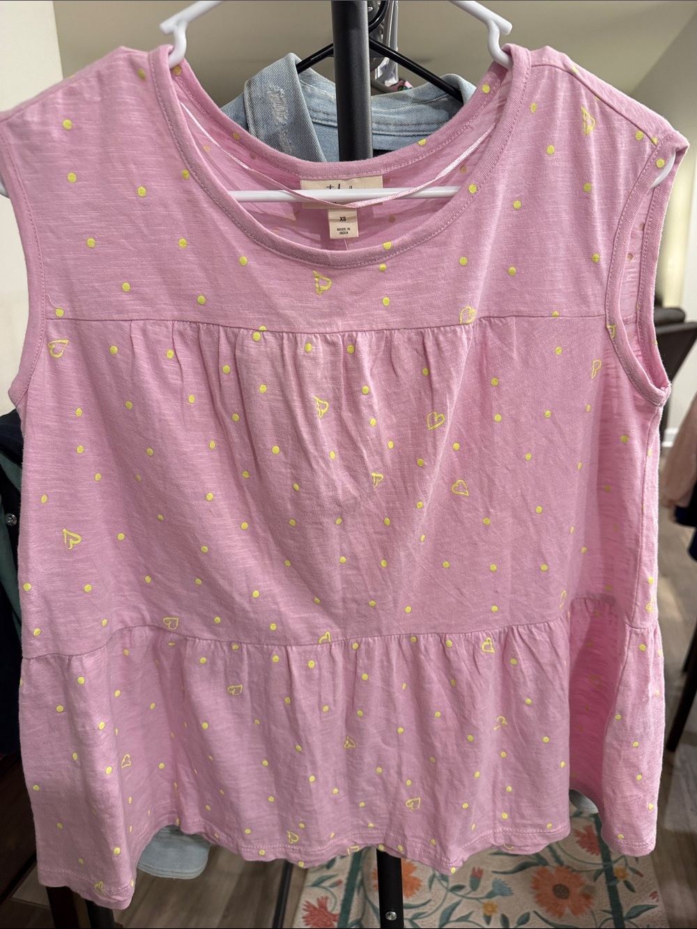 Style & Co. Pink Sleeveless Ruffle-Hem Top with Yellow Dot & Heart Print